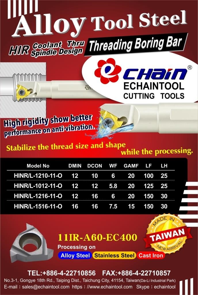Alloy Tool Steel Coolant Spindle Design Threading Boring Bar HIR series with Echaintool in Taiwan