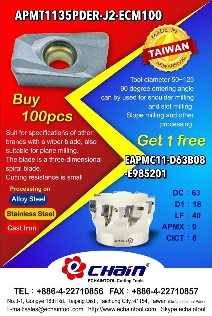 Insert APMT1135 Buy 100 pcs Get 1 free milling cutter (dia. 63) with Echaintool in Taiwan