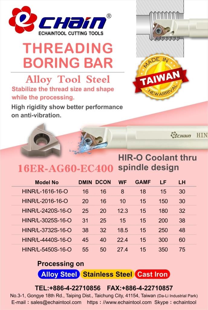 Threading Boring Bar Coolant thru spindle design Alloy tool steel HIR-O series with Echaintool in Taiwan